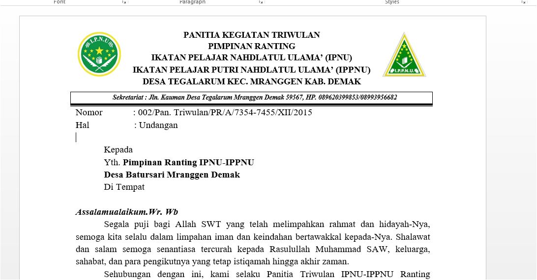 Contoh Surat Undangan Ipnu Ippnu Ranting