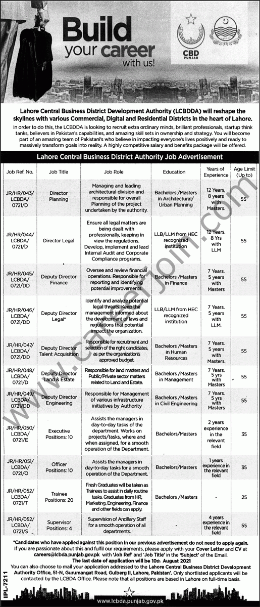 careers@lcbda.punjab.gov.pk - Lahore Central Business District Authority Jobs 2021 in Pakistan