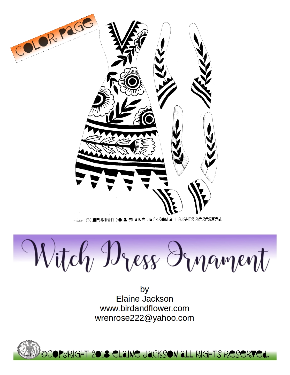 birdandflower design witch dress color page freebie
