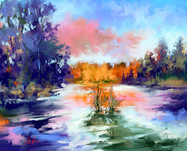 Autumn lake digital landscape painting by Mikko Tyllinen