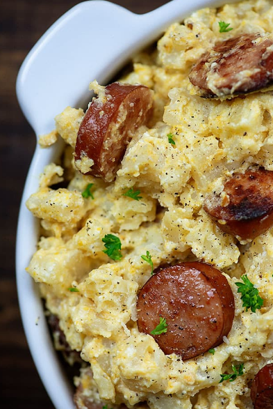 SLOW COOKER CHEESY POTATOES AND SMOKED SAUSAGE
