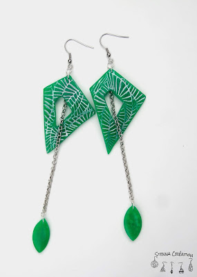 Boucles oreilles pâte polymère transparence verte assemblage Stenna Création Fimo