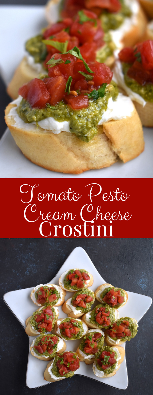 Tomato, pesto and cream cheese crostini