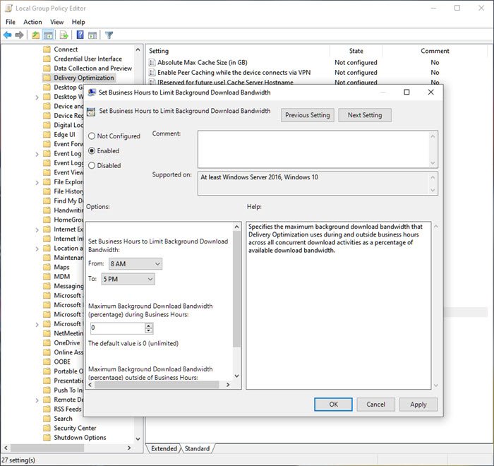 วิธีจำกัดแบนด์วิดท์ Windows Update ในช่วงเวลาที่กำหนดใน Windows 10 โดยใช้นโยบายกลุ่ม