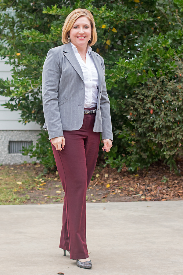 burgundy and gray outfit
