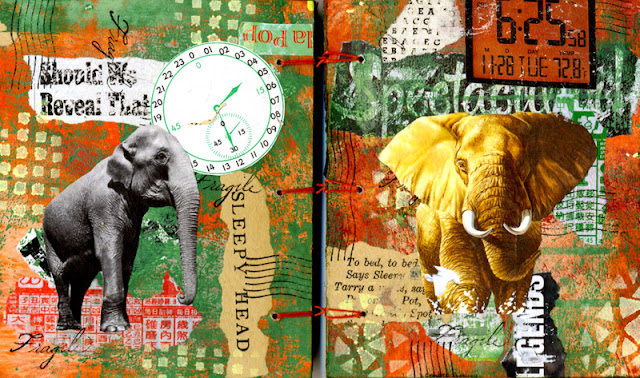 Collaged book with elephants and clocks