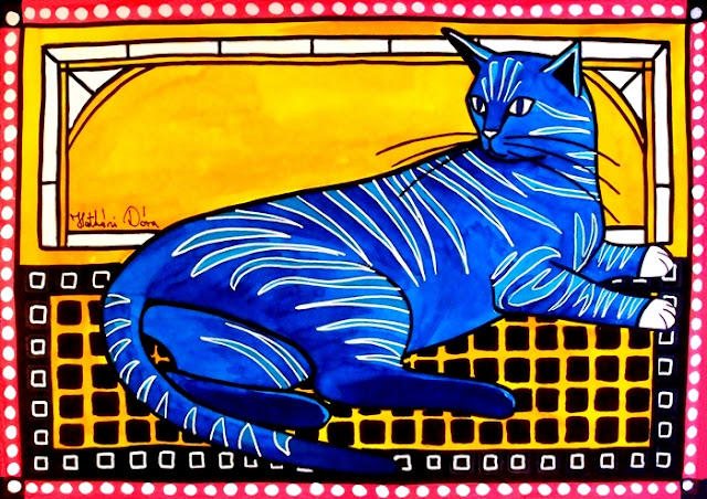 Blue Tabby whimsical cat art by Dora Hathazi Mendes