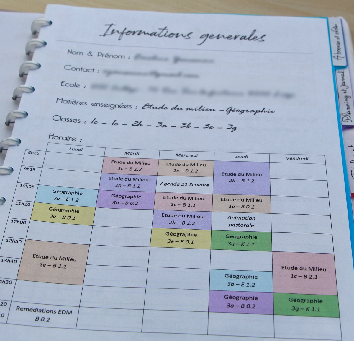 Imprimer son planning journalier - agenda non daté Journée cadrée