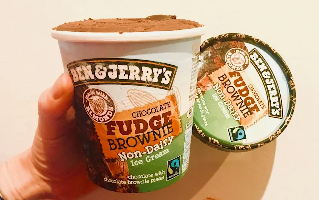 A hand holding an opened tub of vegan dairy free Ben & Jerry's ice cream