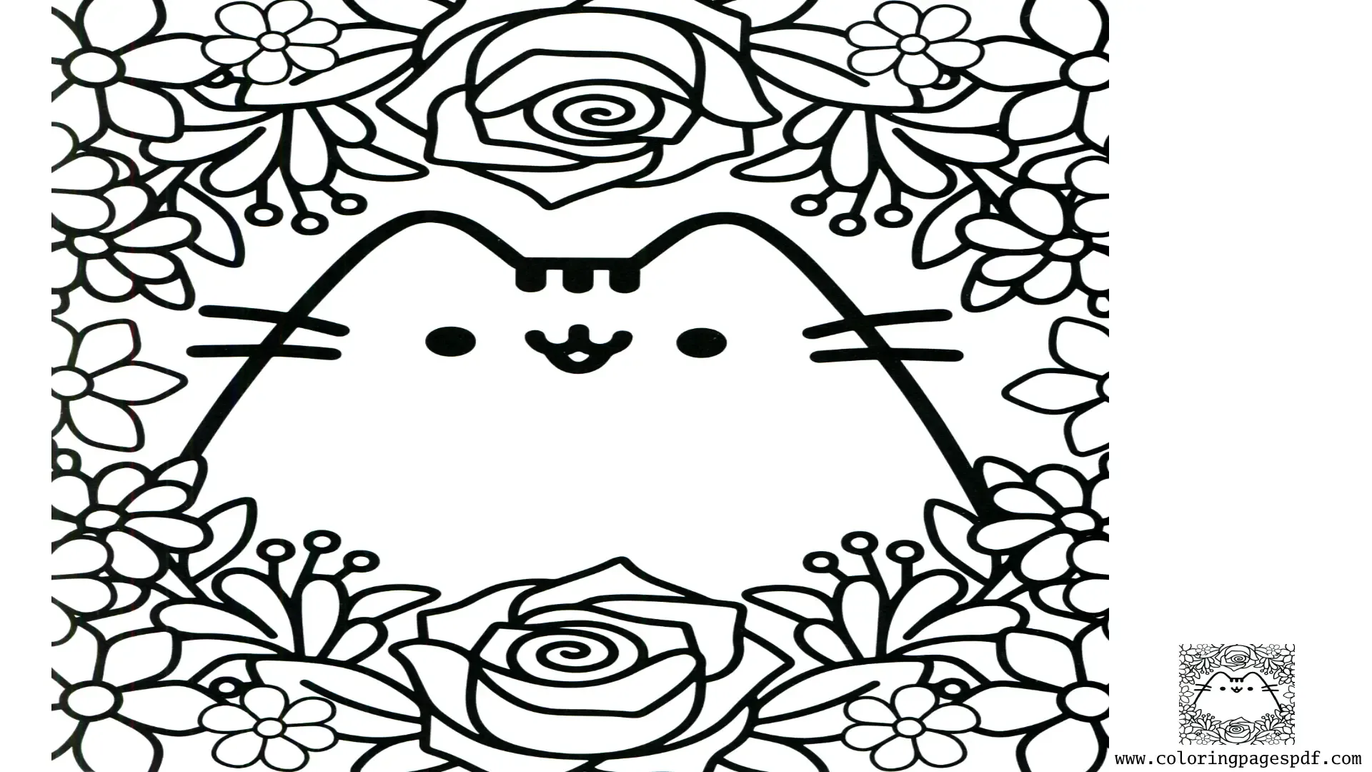 Coloring Page Of A Cute Fat Cat Surrounded By Flowers