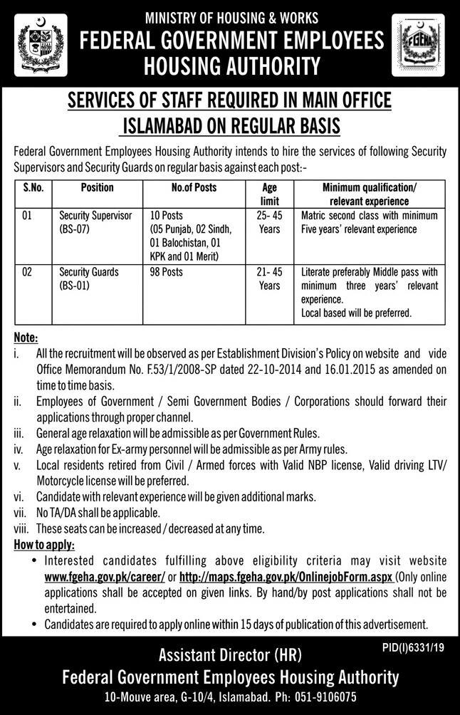 Federal Government Employees Housing Authority (FGEHA) Jobs 2020