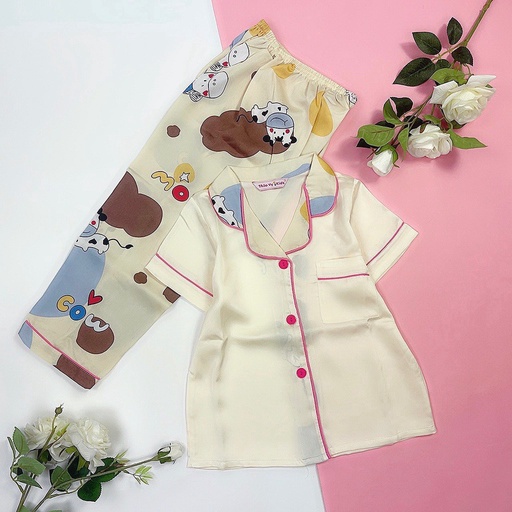 ĐỒ BỘ TRẺ EM PIJAMA LỤA SATIN THIẾT KẾ QUẦN DÀI TAY NGẮN SIZE 9