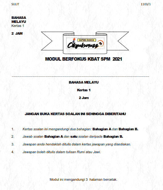 Modul Berfokus KBAT SPM Bahasa Melayu Kertas 1 (1103/1) Percubaan SPM 2021