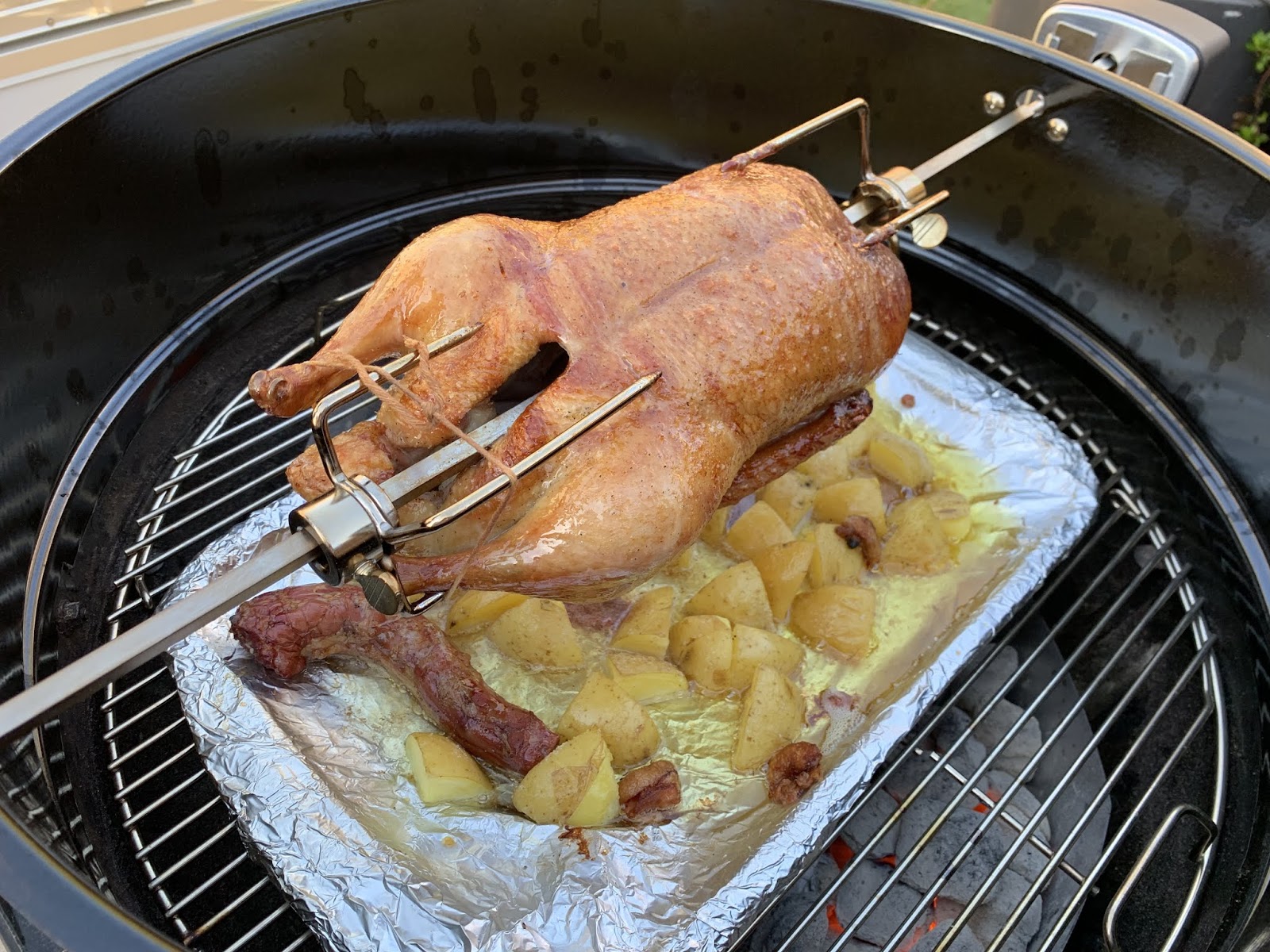 Barbecue Rotisserie Duck with Truffle Salt Potatoes