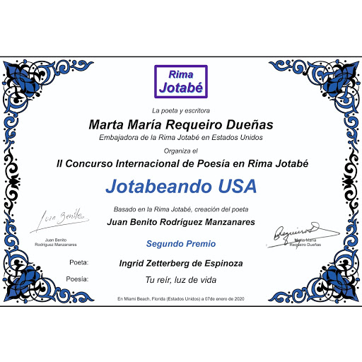 Segundo puesto a Nivel Internacional en el Concurso de Poesía en Rima Jotabé, "Jotabeando USA"