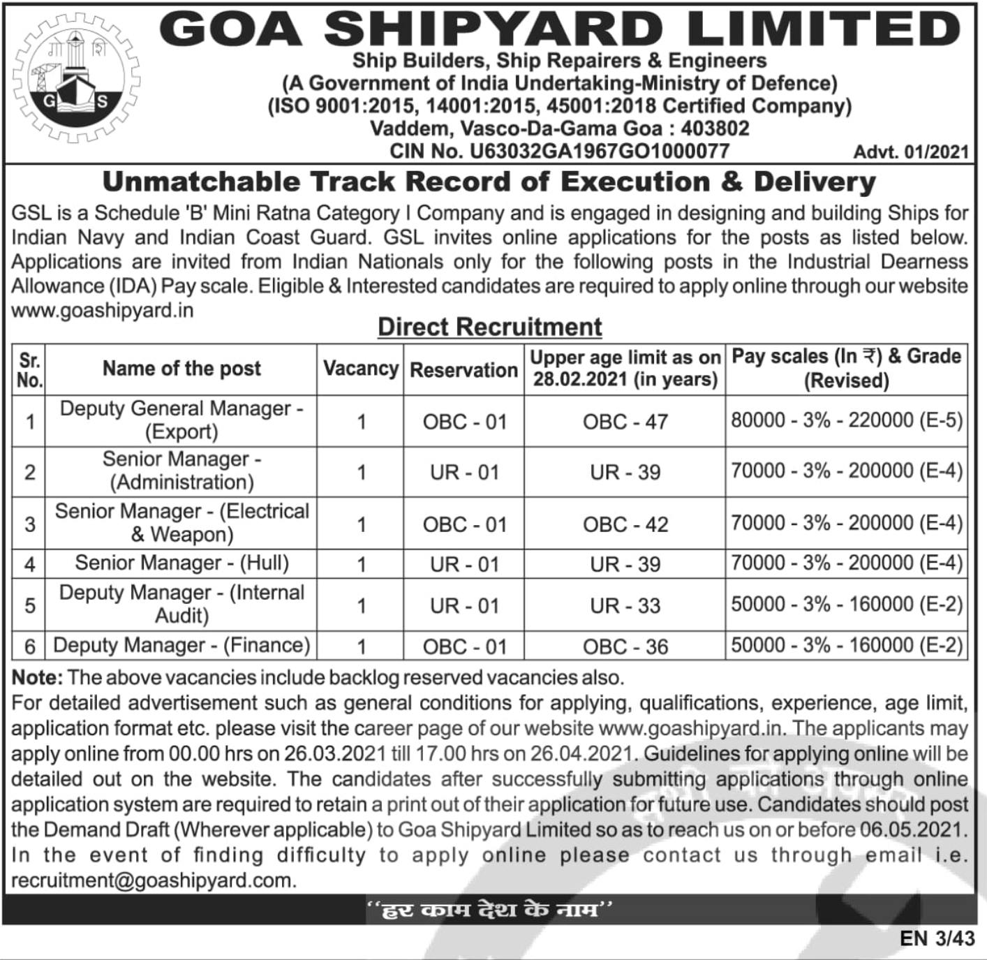 Goa Shipyard Limited Recruitment 2021 Apply Online 08 Manager Level