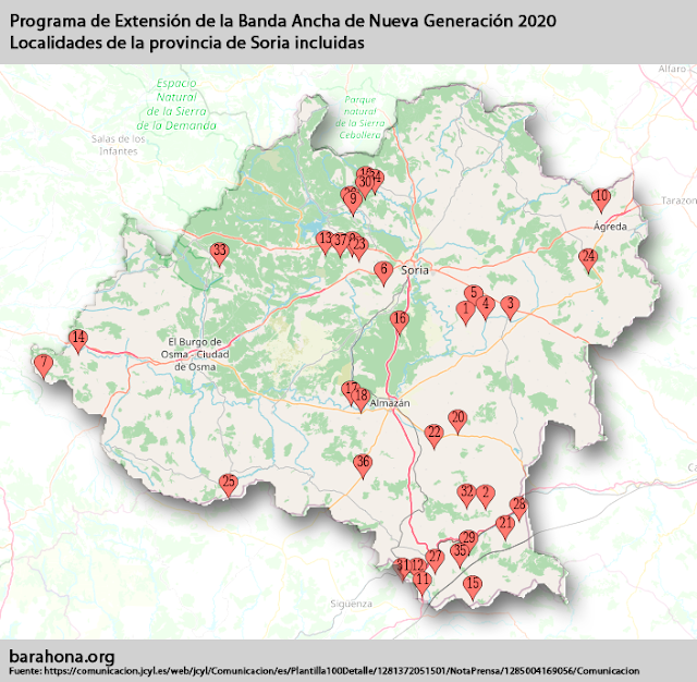 Localidades de Soria incluidas en el Programa de Extensión de Banda Ancha 2020
