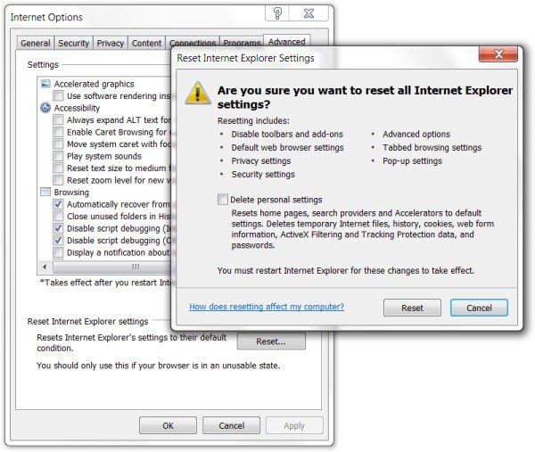 Сбросить Internet Explorer