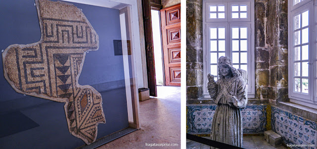 Restos de um mosaico romano e um anjo expostos no Paço das Escolas da Universidade de Coimbra