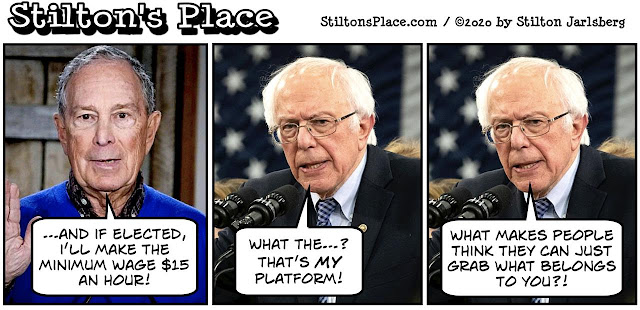 stilton’s place, stilton, political, humor, conservative, cartoons, jokes, hope n’ change, presidents day, clintons, eat free, bloomberg, sanders, hillary, $15 an hour, minimum wage