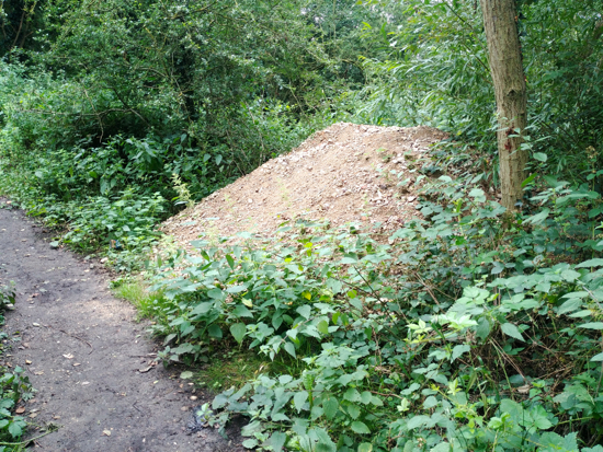 One of two piles of rubble either side of the path to Gobions Pond Image by North Mymms News released via Creative Commons BY-NC-SA 4.0
