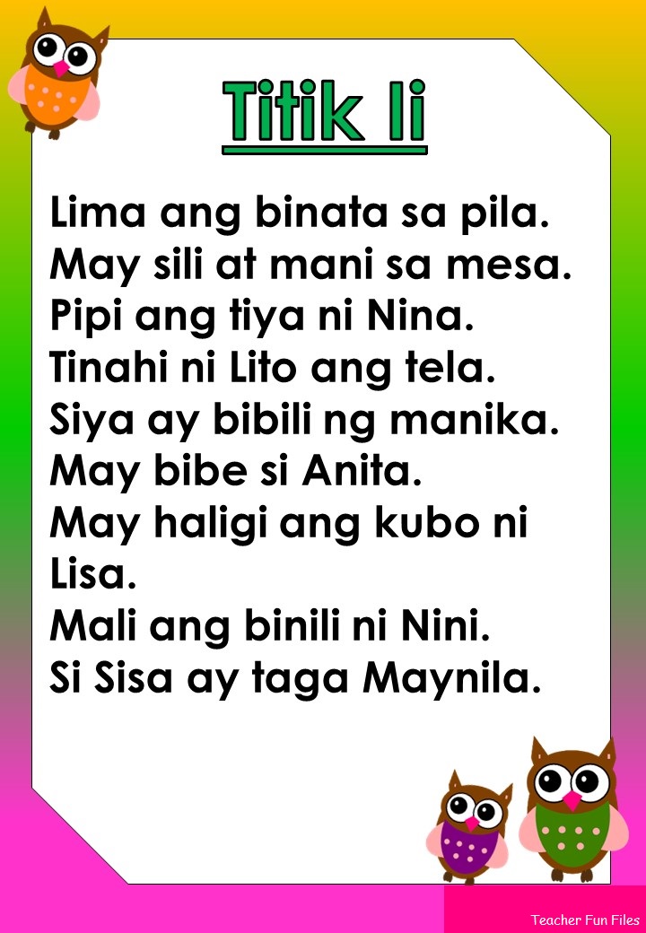 Teacher Fun Files Filipino Reading Passages Titik A E I O U