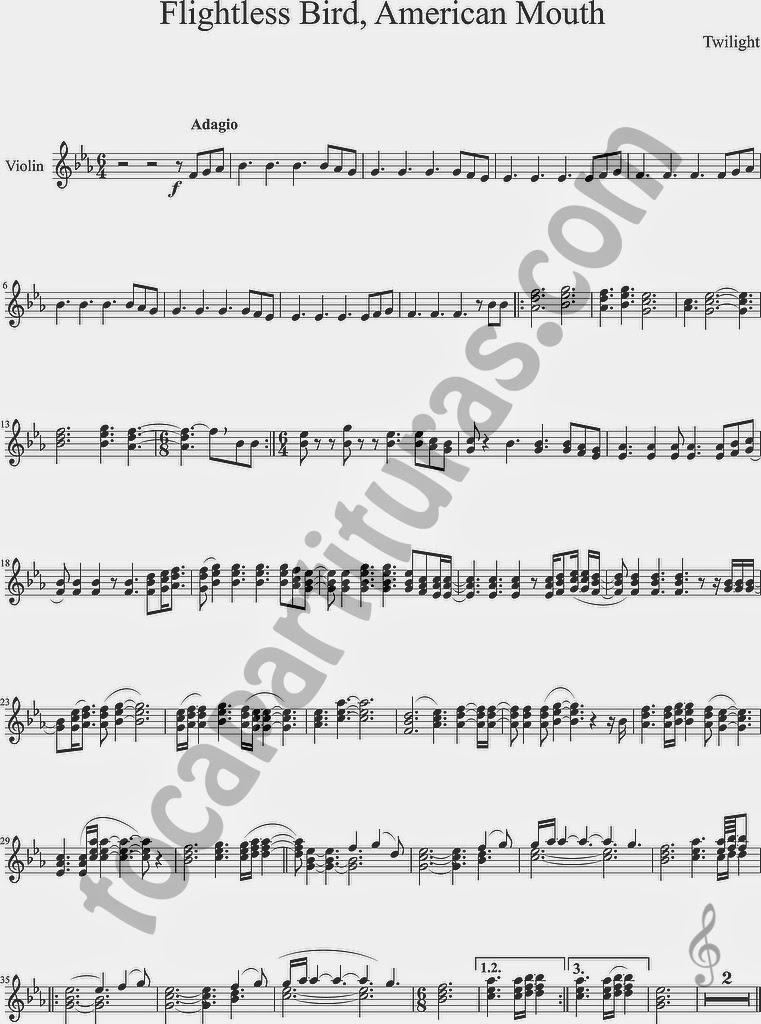 Partitura de Flightless Bird, American Mouth para Violín de Crepúsculo Twilight Sheet Music for Violin