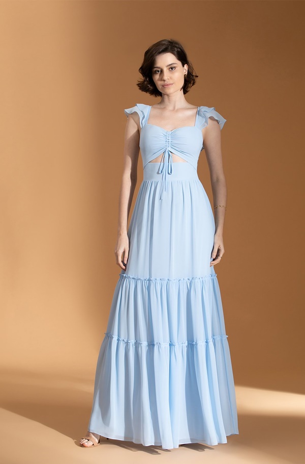 vestido longo azul serenity para madrinha de casamento dia