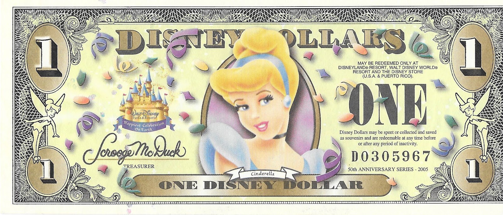 Cinderella Disney Dollar Disneyland 50th Anniversary