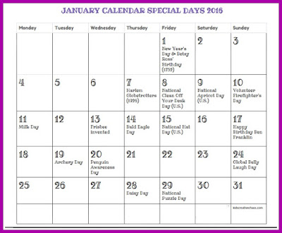 Free Printable January Calendar of Holidays