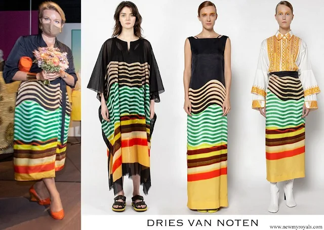 Queen Mathilde wore a skirt and blouse by Dries Van Noten of Spring Summer 2021 collection