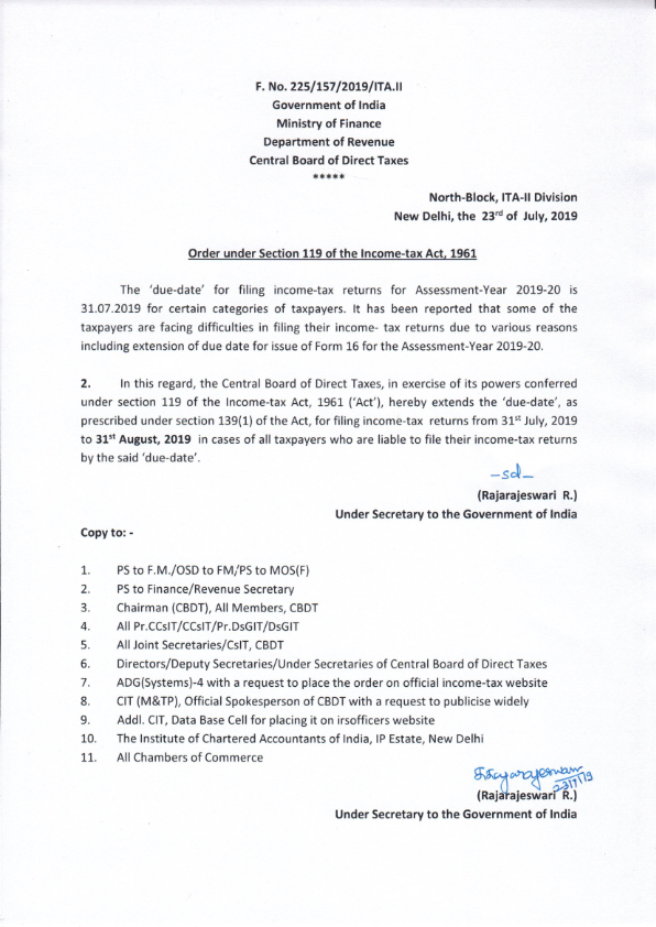 Extension of due date for filing of Tax Returns for the