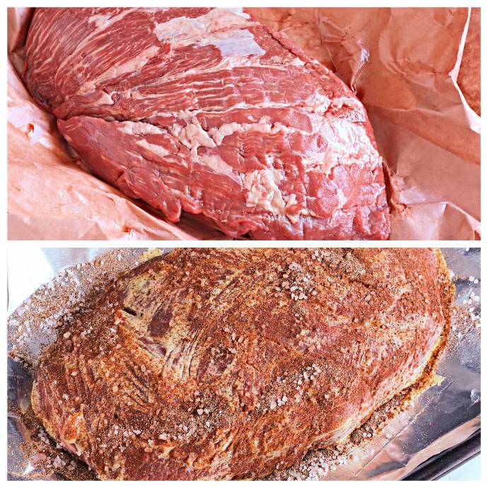 Recipe for a beef brisket, rubbed with mustard, liquid smoke and spices, wrapped and slow cooked in an oven and served over vegetable fritters.