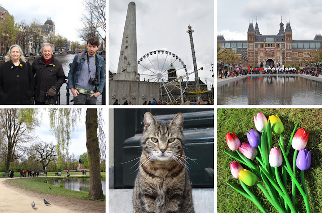 The Butterfly Balcony - Wendy's Week Liverpool to Amsterdam -  Family on a bridge // Dam Square with its war memorial and amusements // I amsterdam sign outside museums// Vondelpark // Cheating on Beau with another grumpy cat //Mum & my wooden tulips