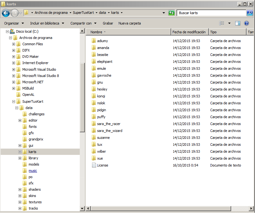 Carpetas instalación SuperTuxKart en Windows