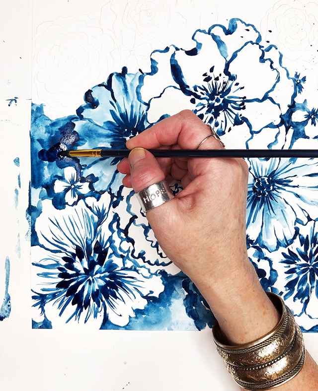 a peek inside my process- blue watercolor flowers