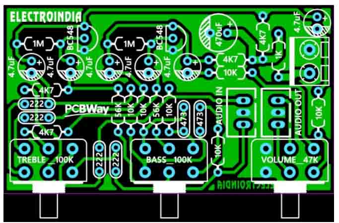 Simple tone control 2 transistor treble, bass, volume - Electronic Circuit