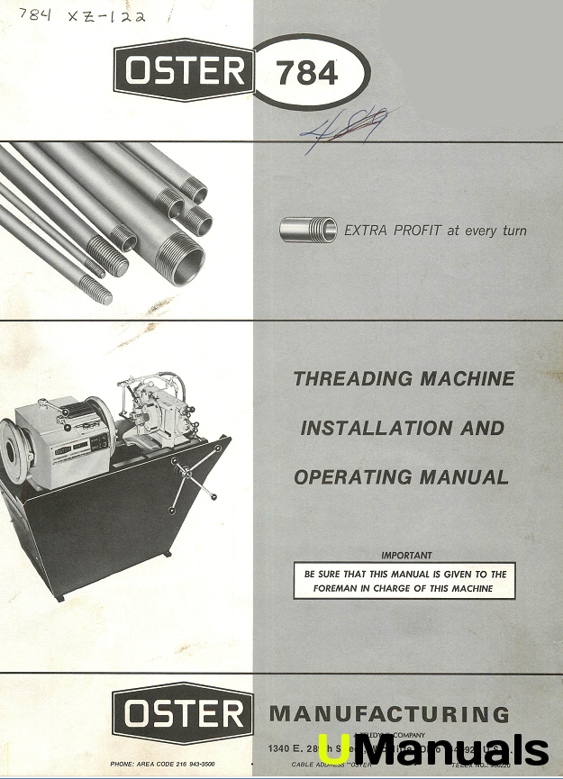 Machinery Manuals Oster 784 Threading Machine Instruction Manual