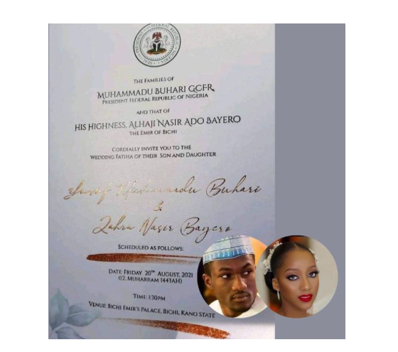 President Muhammadu Buhari son, Yusuf Buhari and his Fiancee, Zahra set to marry as the wedding Invitation is Out