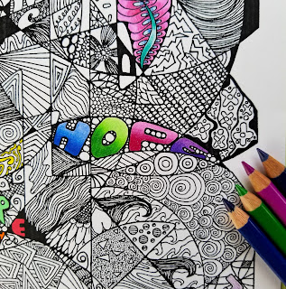 The word hope is hand drawn and colored in with colored pencil. It is a closeup of a quadrant of the original coloring page.