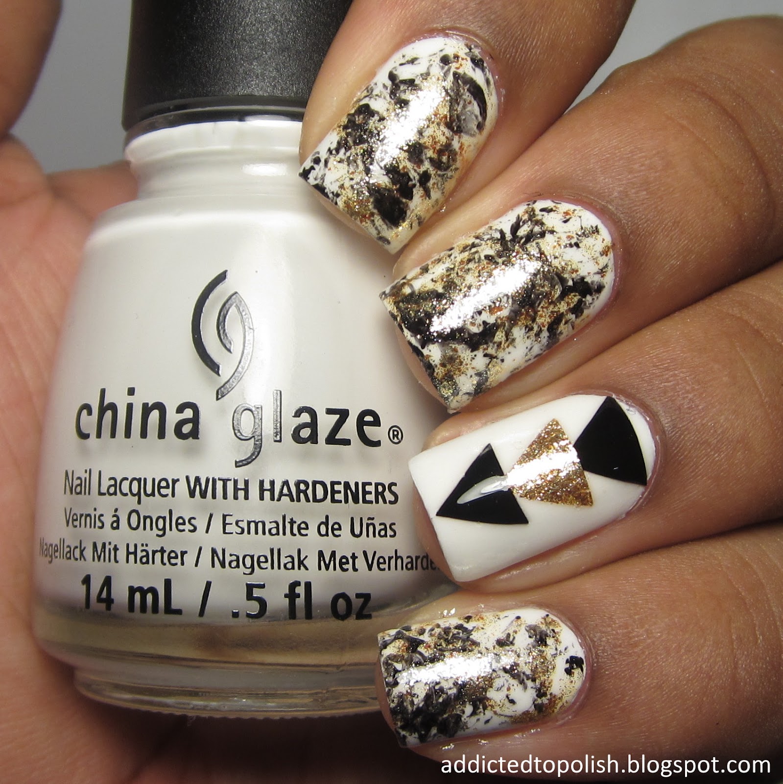 black gold white triangle decals saran wrap nail art