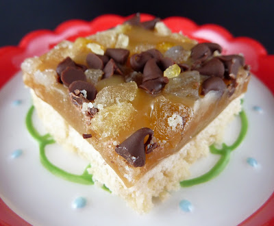 Shortbread Bars topped with Caramel, Candied Peel and Crystalized Ginger