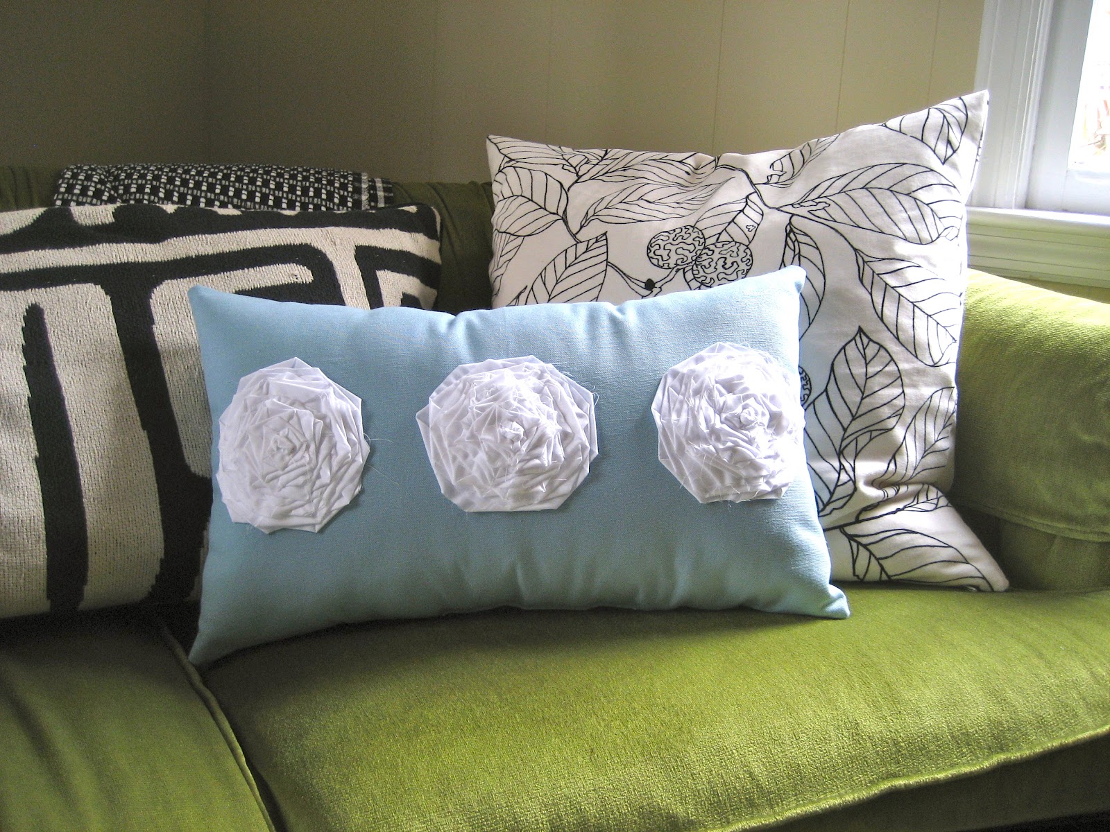 GraceAdkinsDesigns Light Blue Lumbar Pillow with Three White Muslin