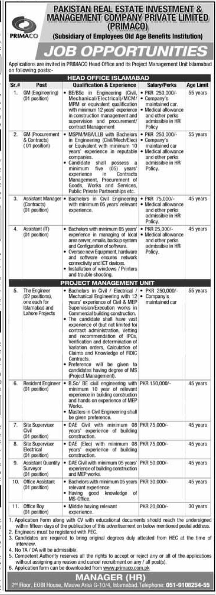 Pakistan Real Estate Investment & Management Company PRIMACO Jobs 2021