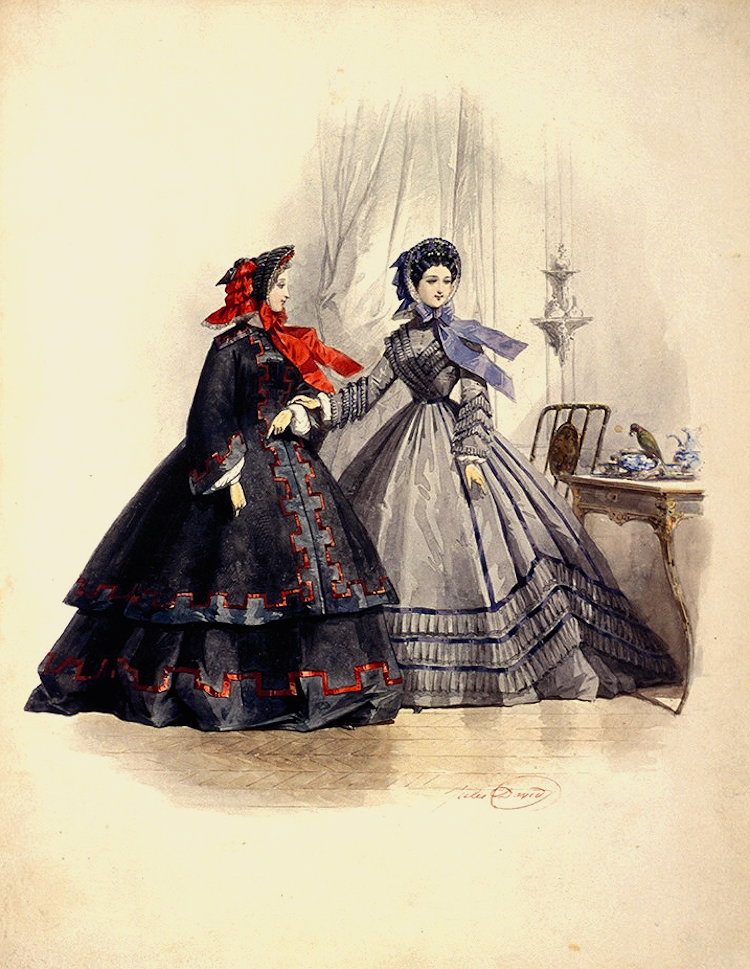 Two women girl Mai 1870 fashion plates Jules David