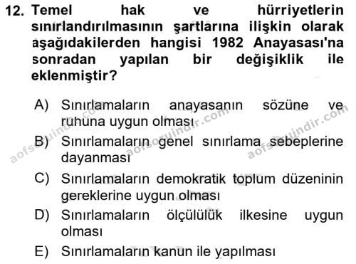aöf türk anayasa hukuku dersi ara sınav vize 2019 2020 yılı 12.soru
