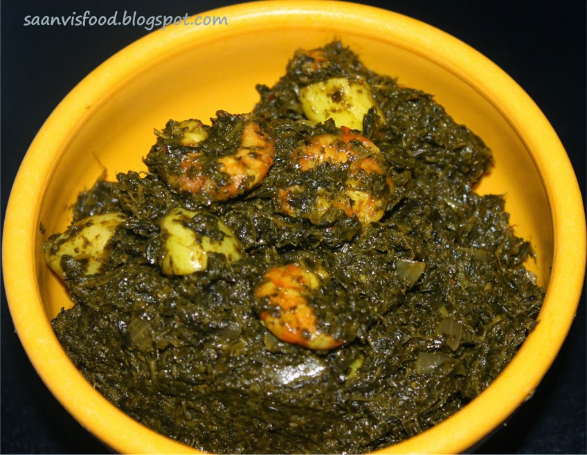 Saanvis food: Gongura Royyalu Nuvvula Kurra (Prawns cooked in Sour Greens)