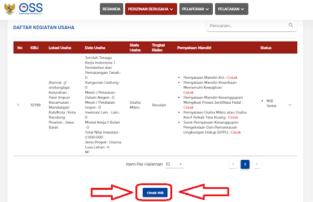 Setelah itu, silahkan masuk lagi ke halaman daftar kegiatan usaha anda. Maka NIB anda sudah siap dicetak atau disimpan.