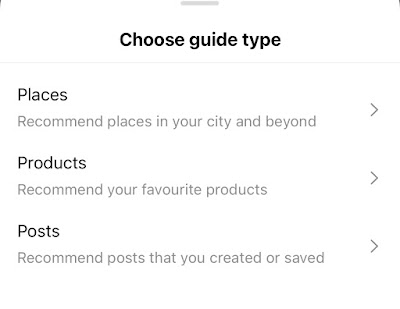 Screenshot of guides from Instagram showing places, products and post