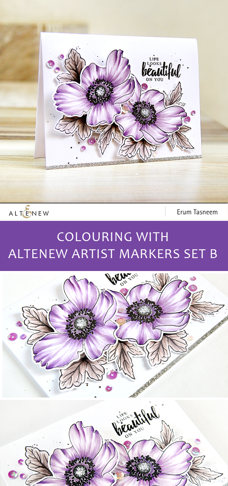 Altenew Build-A-Flower Anemone coloured with Artist markers Set B | Erum Tasneem | @pr0digy0
